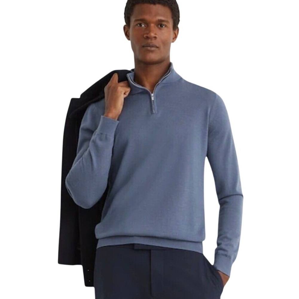 Reiss Mens Blackhall Blue 100% Merino Wool Half Zip Sweater M Preppy